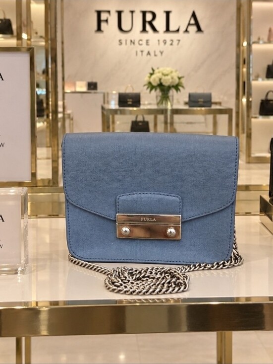 Furla Handbags - Furla Dusty Blue & Gray Leather Mini Crossbody with Silver Chain